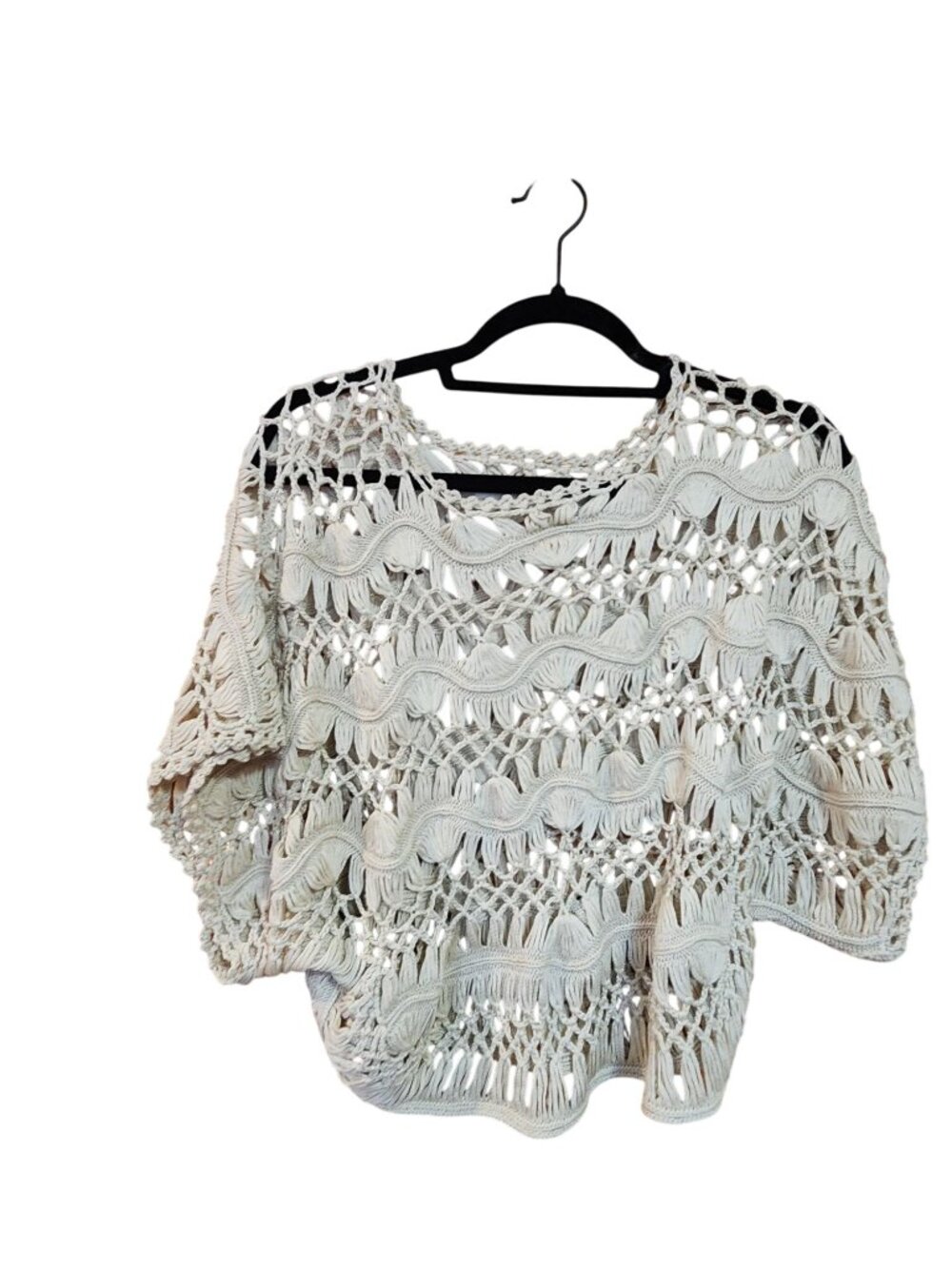Millau Womens White Crochet Knit Top With 3/4 Sleeves Boho Style